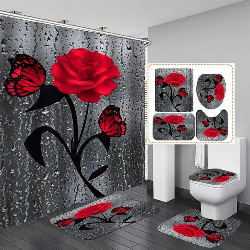 4pcs Set Doormat Shower Curtain set Bathroom Home Entrance Decor