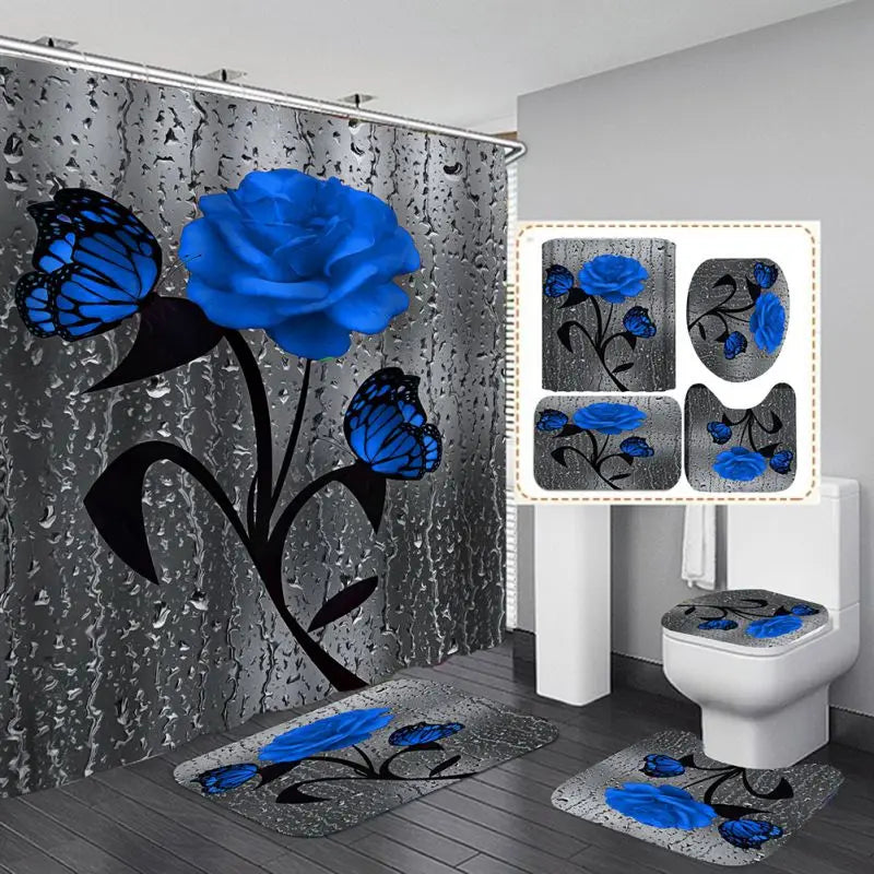 4pcs Set Doormat Shower Curtain set Bathroom Home Entrance Decor