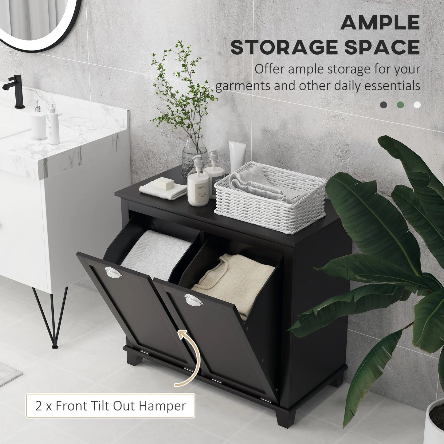 Homcom Dual Tilt Out Laundry Hamper Cabinet, Bathroom Storage Cabinet with 2-Compartment Hamper, Modern Floor Cabinet, Black