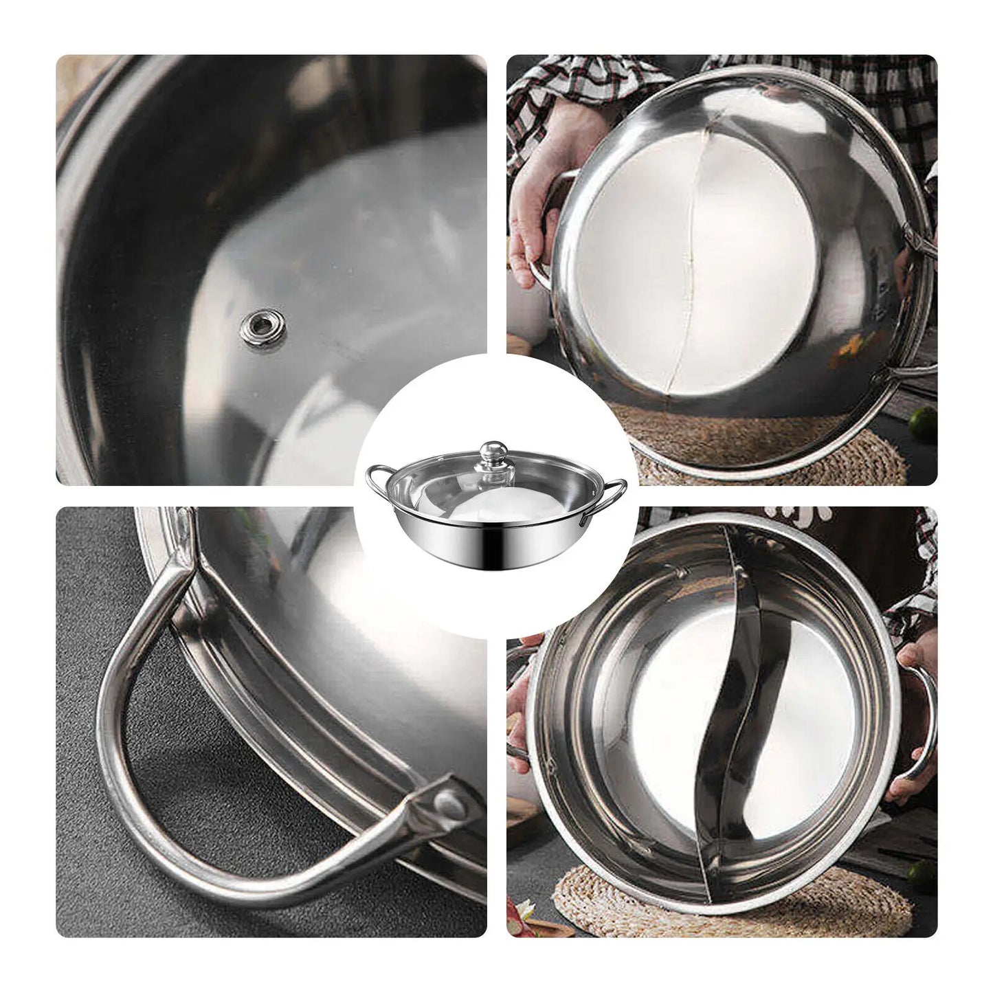 Stainless Steel Double-flavor Hot Pot Partitioned Cookware with Tempered Glass Lid