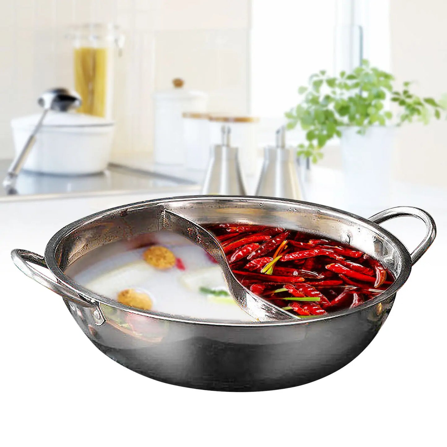 Stainless Steel Double-flavor Hot Pot Partitioned Cookware with Tempered Glass Lid