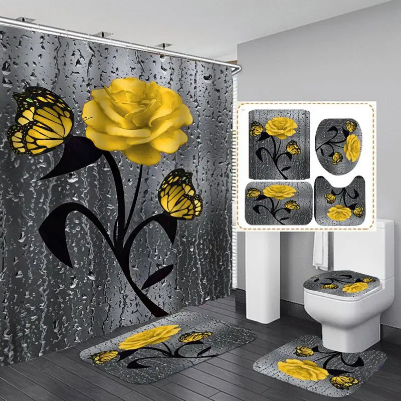 4pcs Set Doormat Shower Curtain set Bathroom Home Entrance Decor