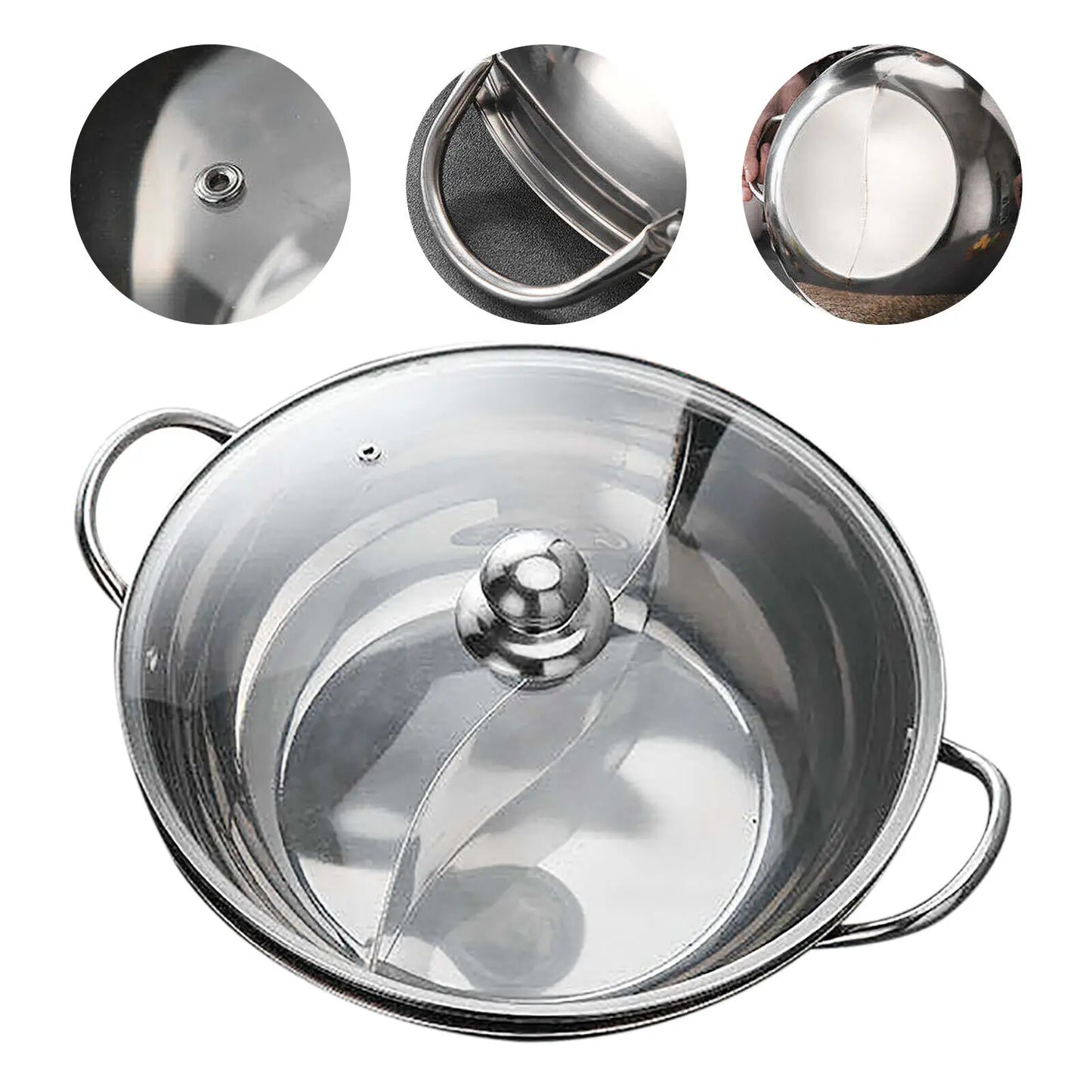 Stainless Steel Double-flavor Hot Pot Partitioned Cookware with Tempered Glass Lid
