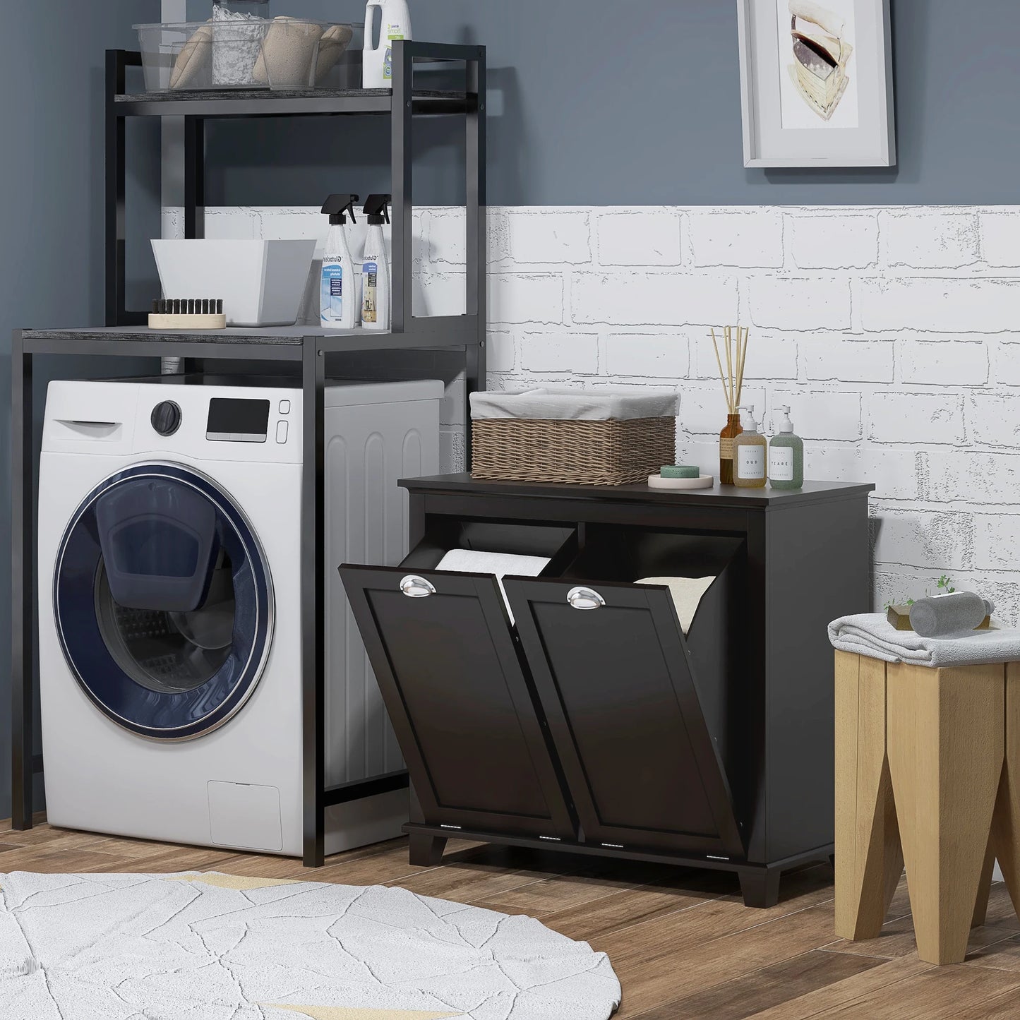 Homcom Dual Tilt Out Laundry Hamper Cabinet, Bathroom Storage Cabinet with 2-Compartment Hamper, Modern Floor Cabinet, Black