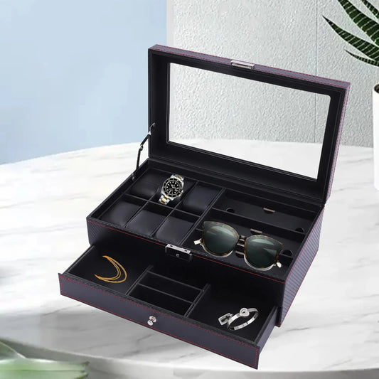 Watch Box for Men Jewelry 6 Watch Holder 3 Glasses Slots Valet Drawer for Rings