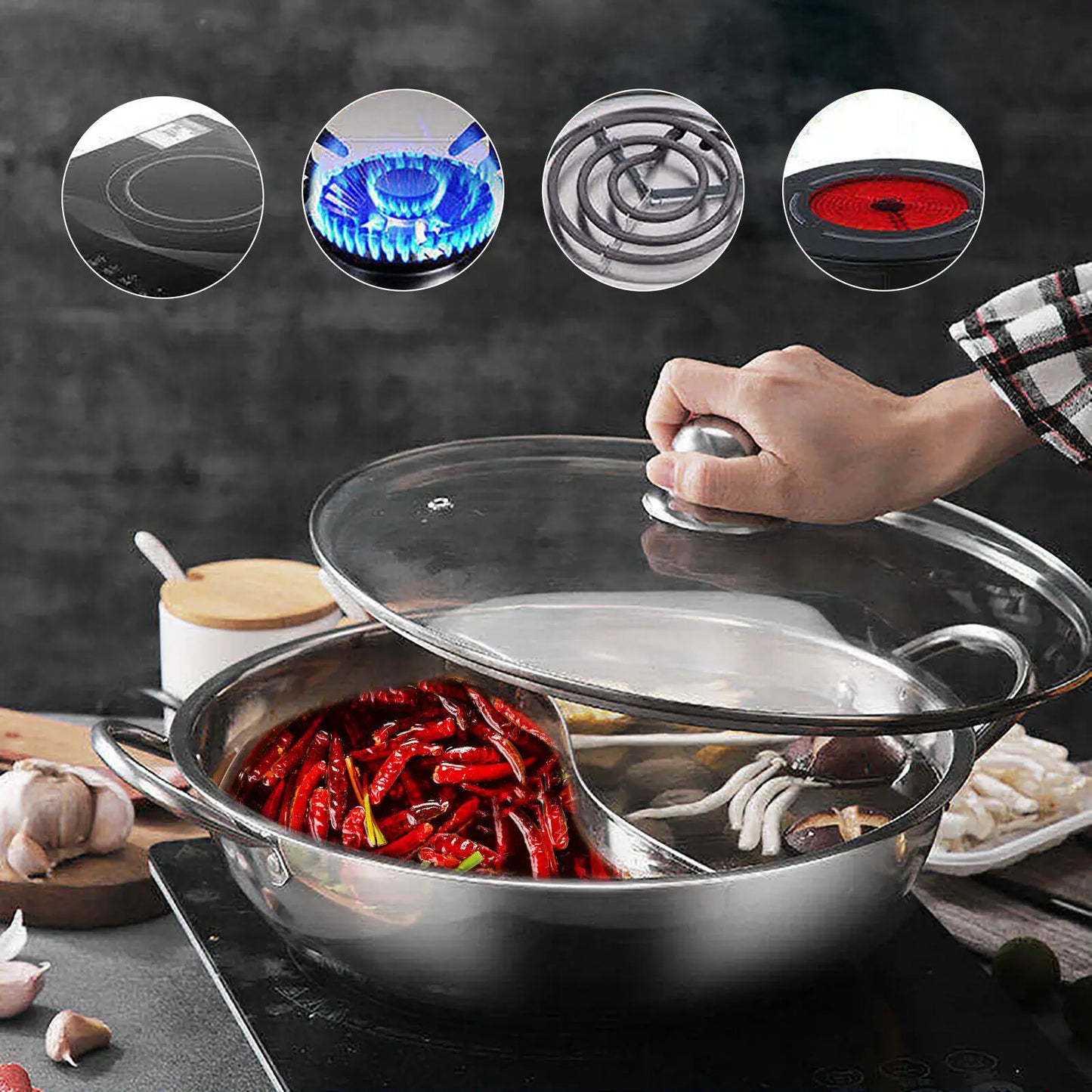 Stainless Steel Double-flavor Hot Pot Partitioned Cookware with Tempered Glass Lid