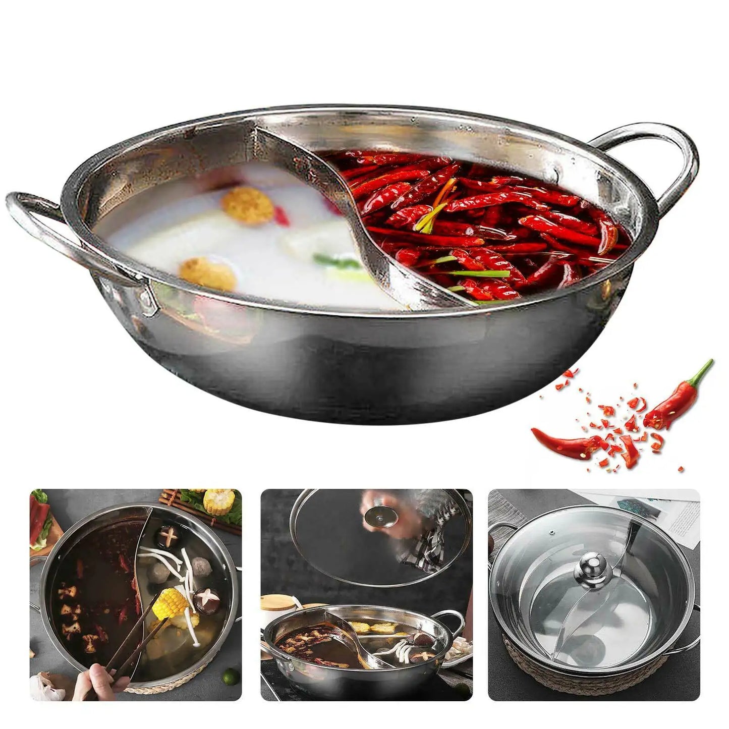 Stainless Steel Double-flavor Hot Pot Partitioned Cookware with Tempered Glass Lid