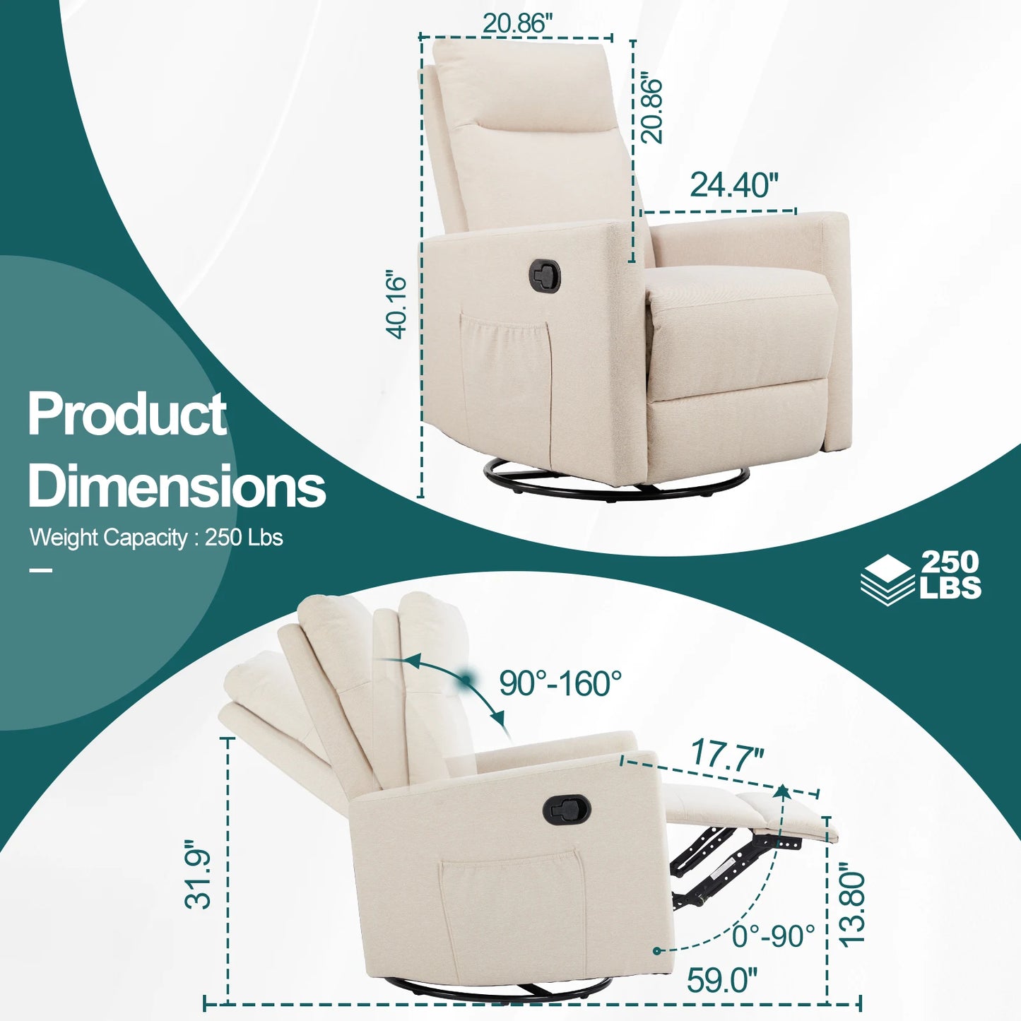 Rotating Rocking Chair Recliner with Oversized Foot Swivel