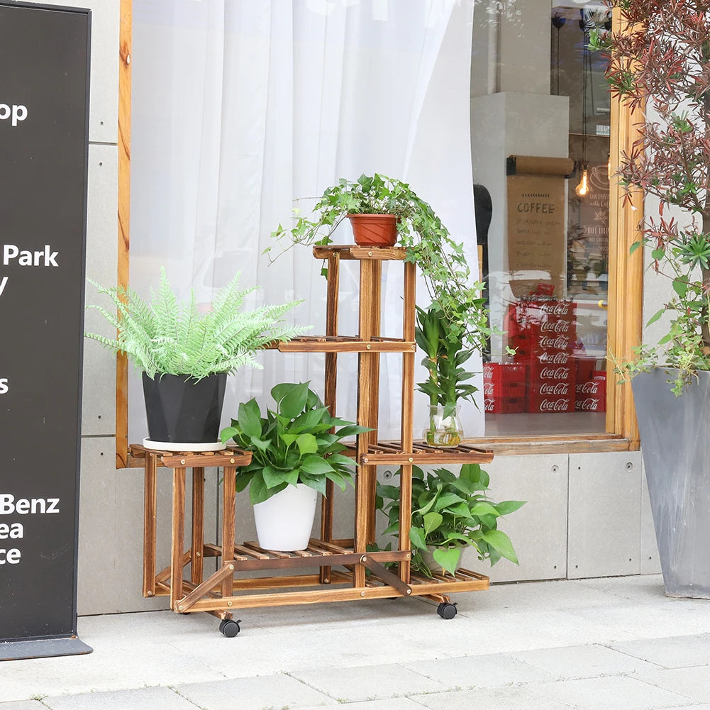 Wooden Plant Stand with Wheels Multi-Layer Rolling Plant Flower Display .