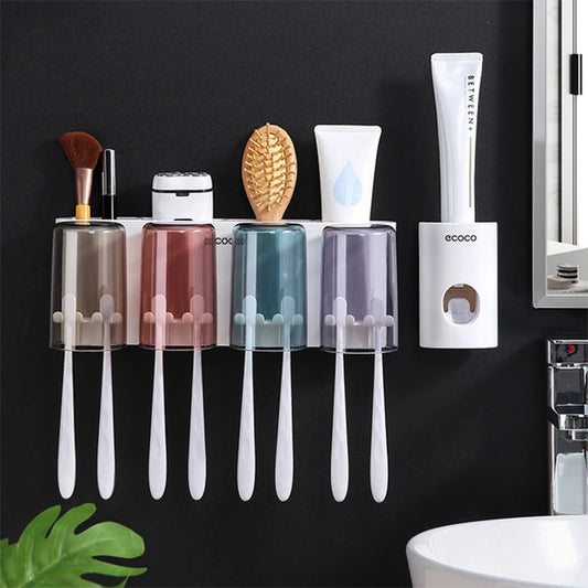 New Multifunctional Toothbrush Holder With Cups Toothpaste Dispenser Wall Mount Storage Rack