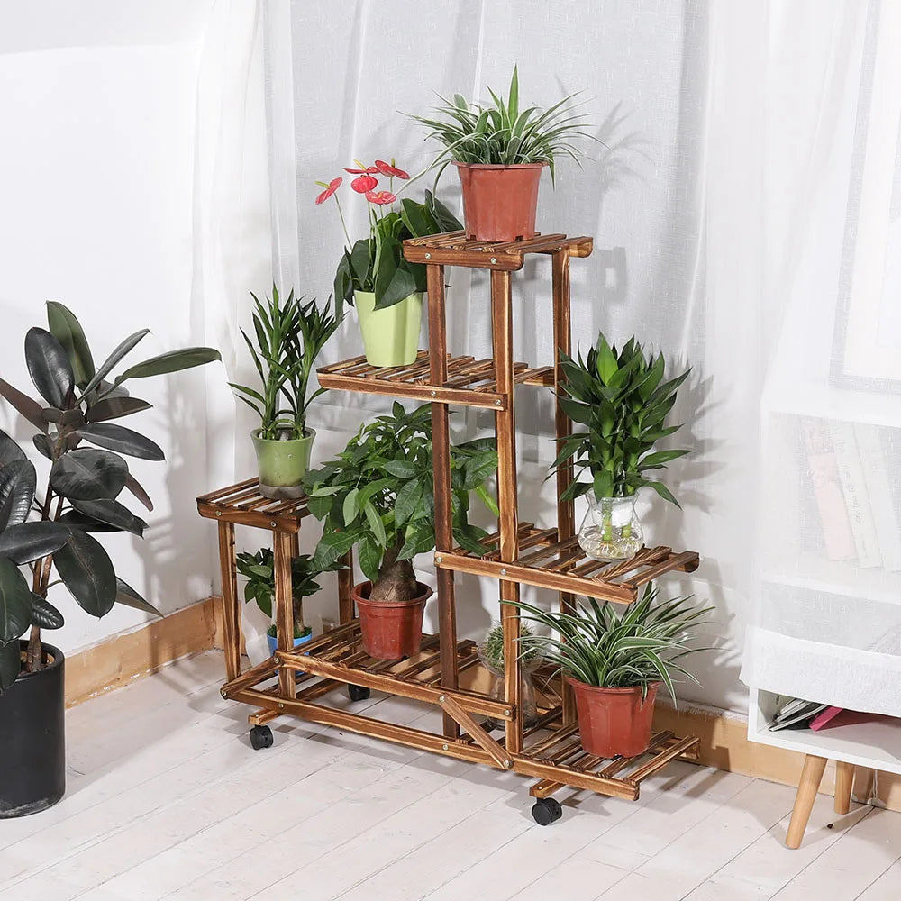 Wooden Plant Stand with Wheels Multi-Layer Rolling Plant Flower Display .