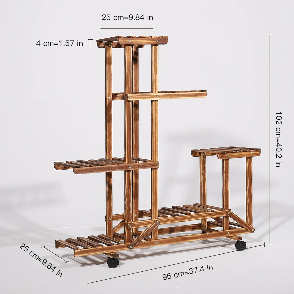 Wooden Plant Stand with Wheels Multi-Layer Rolling Plant Flower Display .