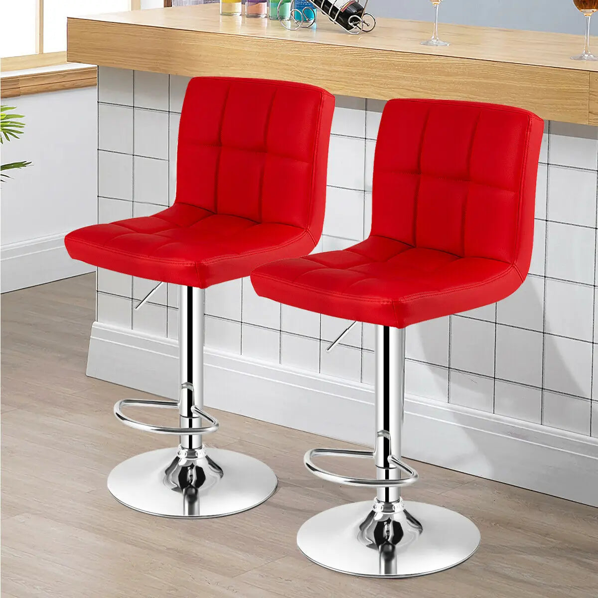 Set Of 2 Bar Adjustable Barstool Swivel Pub Chairs Red