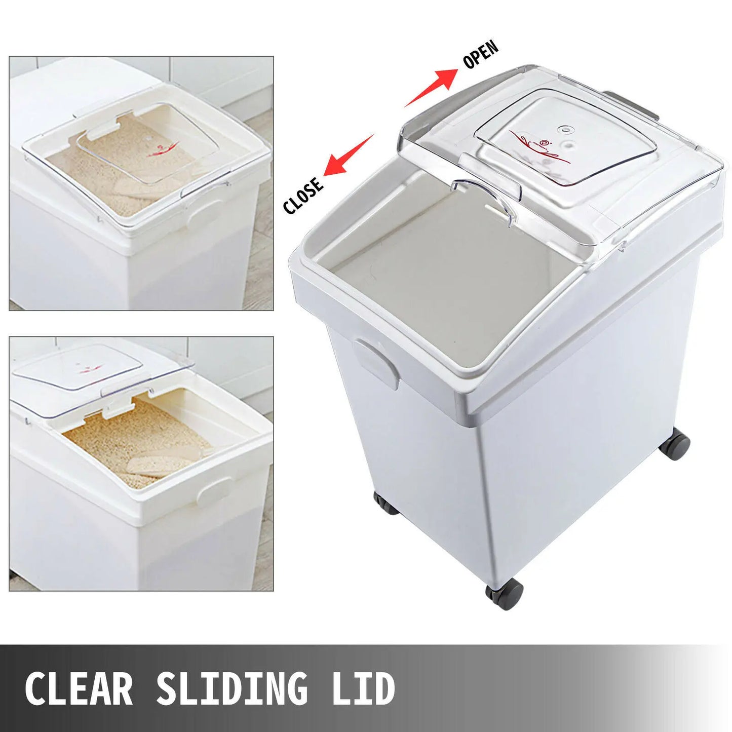 25L Dry Ingredient Storage Bin with Scoop Caster Dustproof Rice Flour Soybeans for kitchen