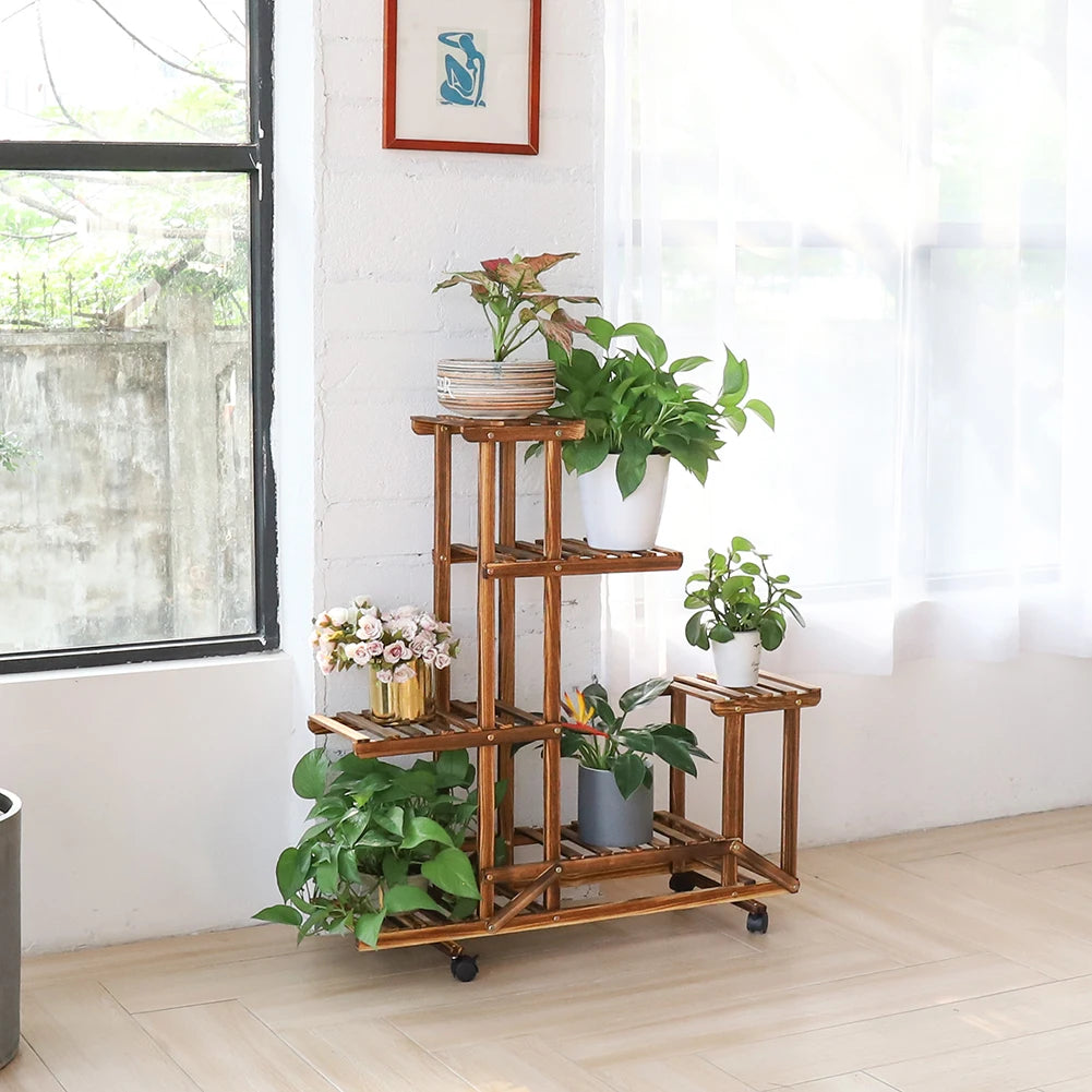 Wooden Plant Stand with Wheels Multi-Layer Rolling Plant Flower Display .