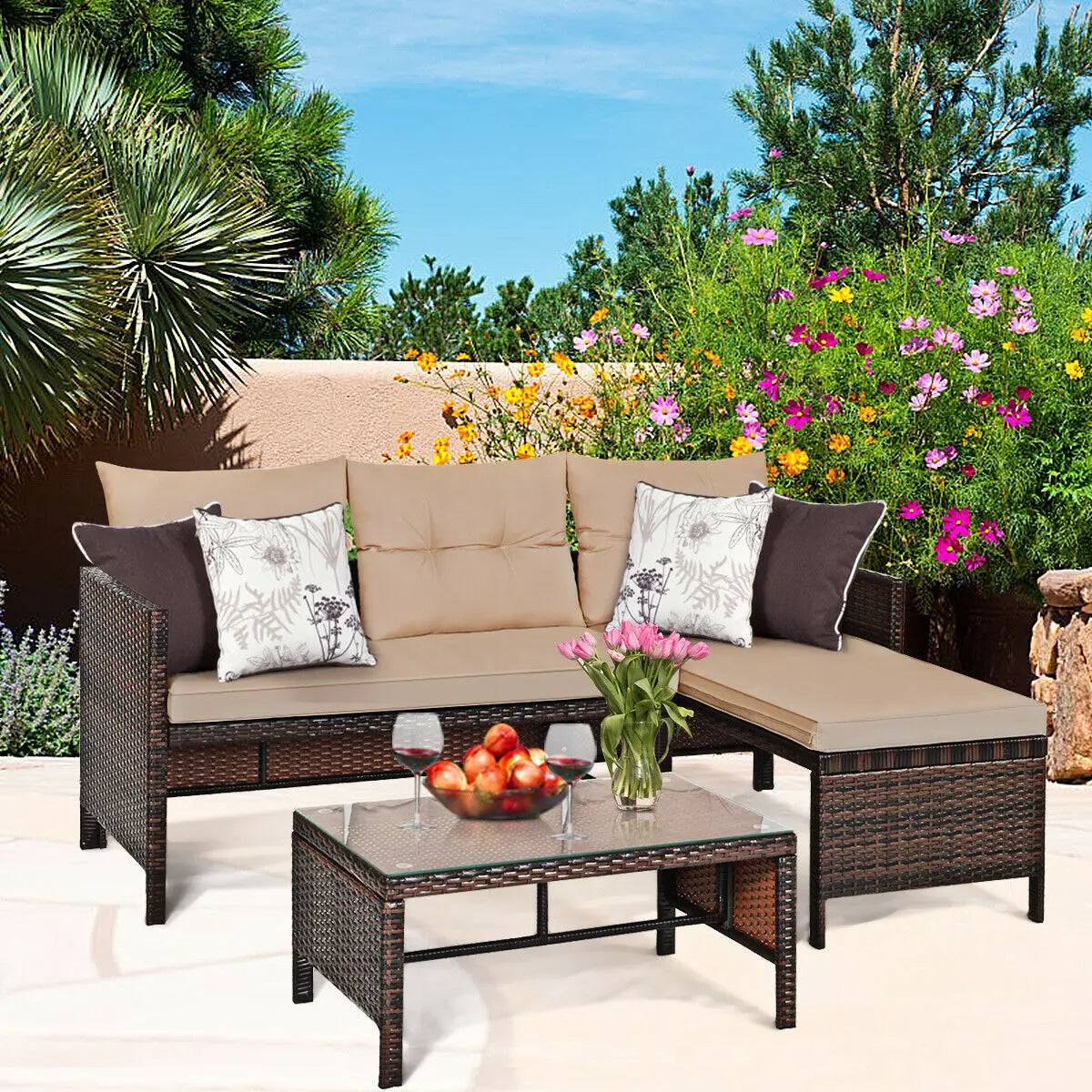 3PCS Patio Wicker Sofa Sectional Conversation Set