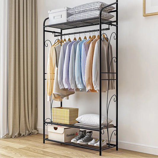 Heavy Duty Black Metal Garment Rack Stand for Bedroom with Storage Shelves 2 Shelf Shoe Rack