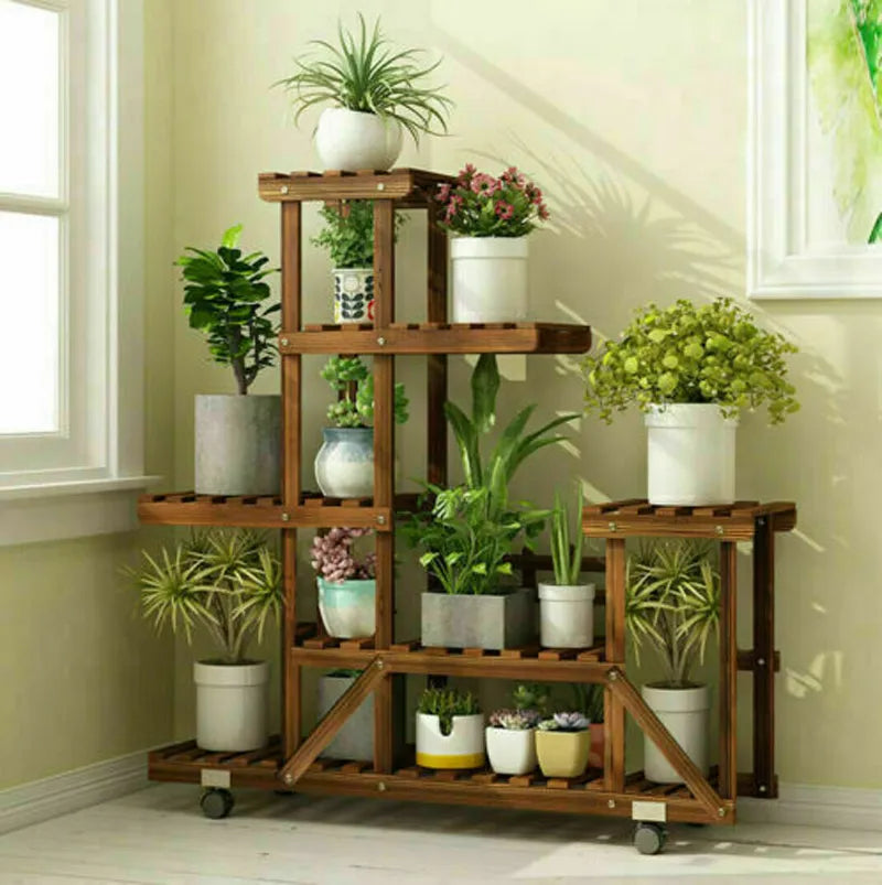 Wooden Plant Stand with Wheels Multi-Layer Rolling Plant Flower Display .