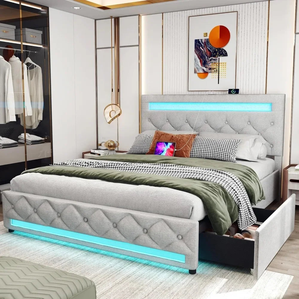 Queen size Bed Frame with Headboard and Drawers, Adjustable Storage & LED Headboard, Upholstered Platform with 2 USB Ports