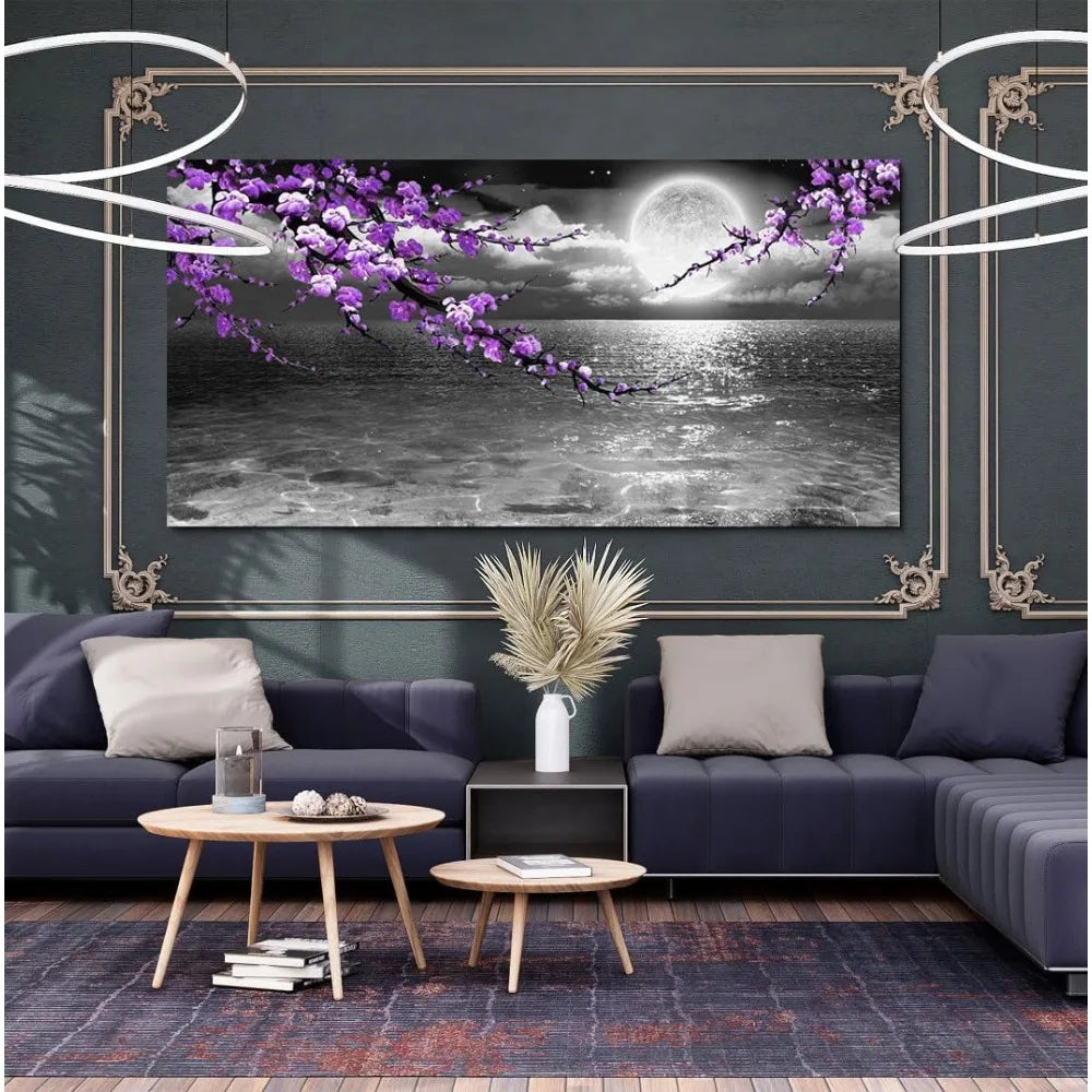 Large Purple Black and White Sea View Full Moon Purple Flower Painting Canvas