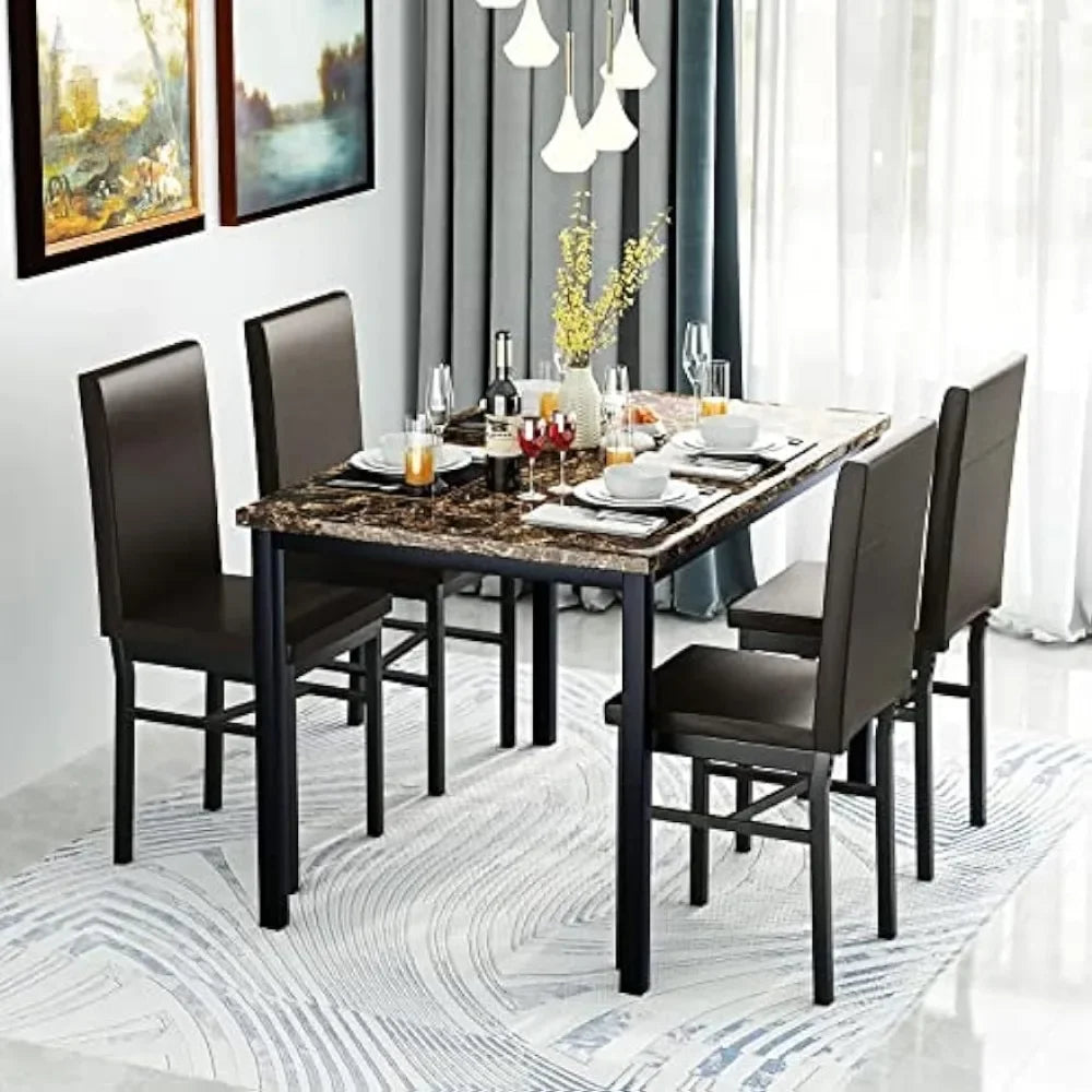 Marble Dining Set Kitchen Table and Chairs with 4 Leather Upholstered Chairs