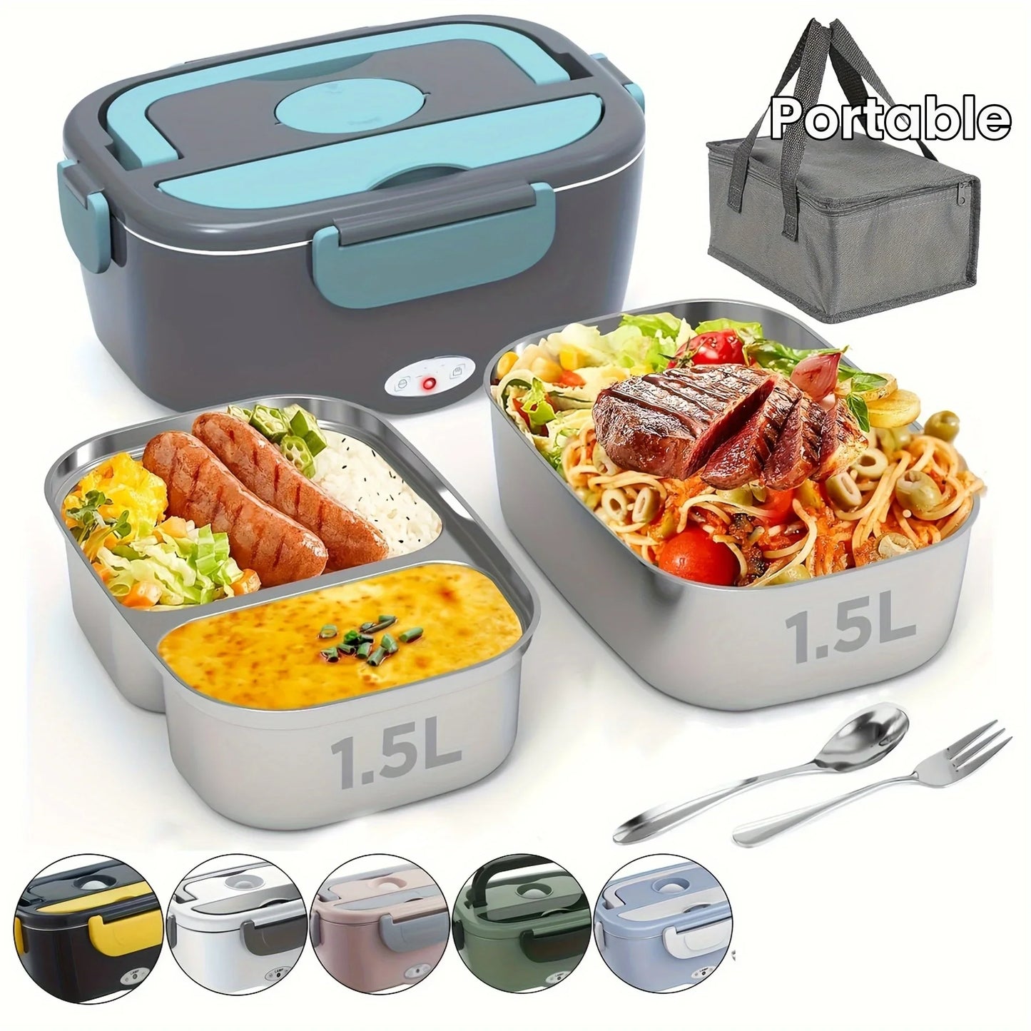 1.5 L 60W Electric Lunch Box Food Warmer Portable Food Heater for Car or Home - Leak Proof 304 Stainless Steel Liner