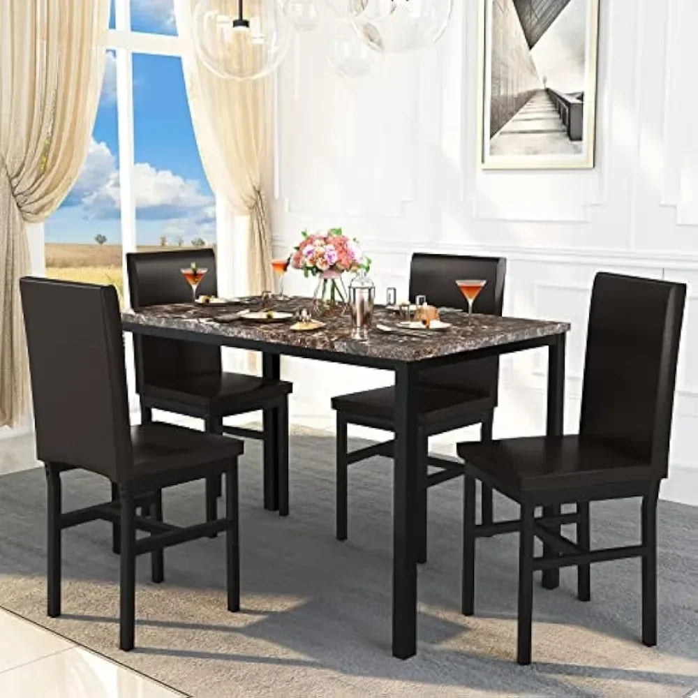 Marble Dining Set Kitchen Table and Chairs with 4 Leather Upholstered Chairs