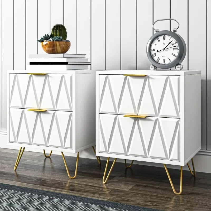 Modern Bedside Table Set with Metal Leg, Accent End Side Table White