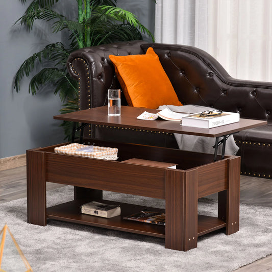 39" Lift Top Coffee Pop-Up Table with Hidden Storage Compartment & Shelf, Brown