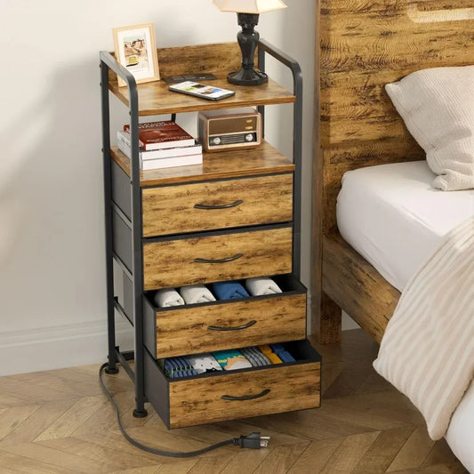 Tall Nightstand with 4 Drawers Bedside Table with Charging Station