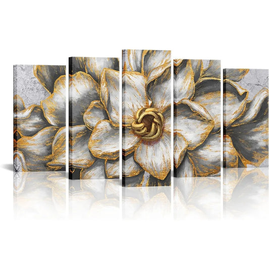 Livingroom Painting Gold Gray Flowers Vintage Abstract Elegant Print Decor Home