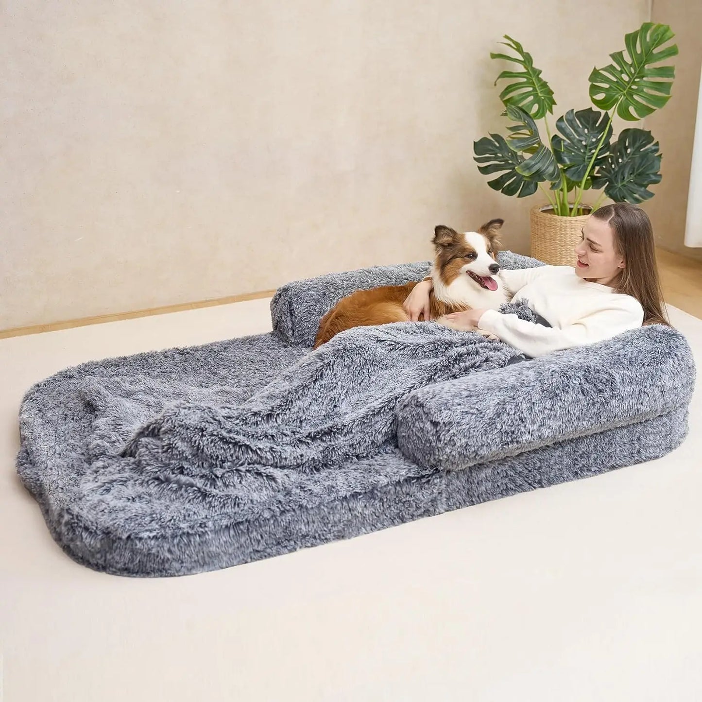 Waterproof Faux Fur Human Dog Bed with Memory Foam