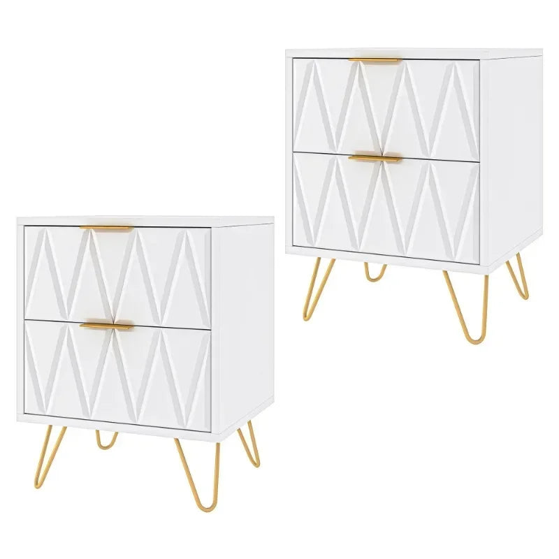 Modern Bedside Table Set with Metal Leg, Accent End Side Table White