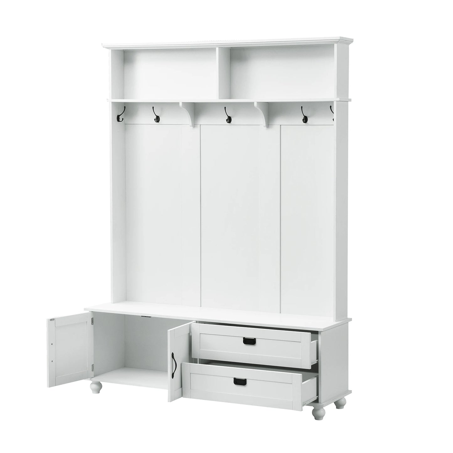 Modern Style Storage Cabinet and 2 Large Drawers, Widen bench with 5 Coat Hooks