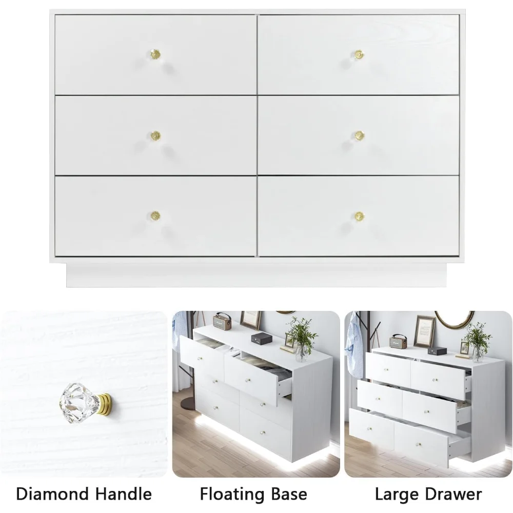 White LED 6 Drawer Modern Dresser with Diamond Handles