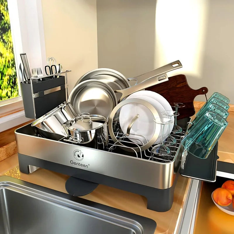 Stainless Steel Dish Rack with Drainboard and Rotatable Spout