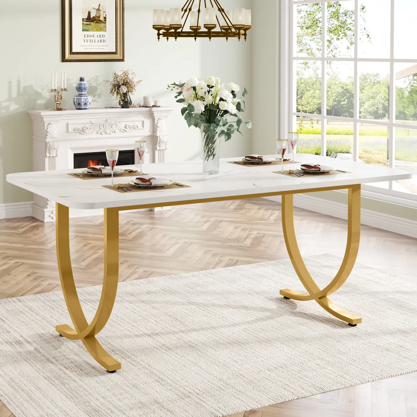 Modern Dining Table Kitchen Table with Faux Marble Top