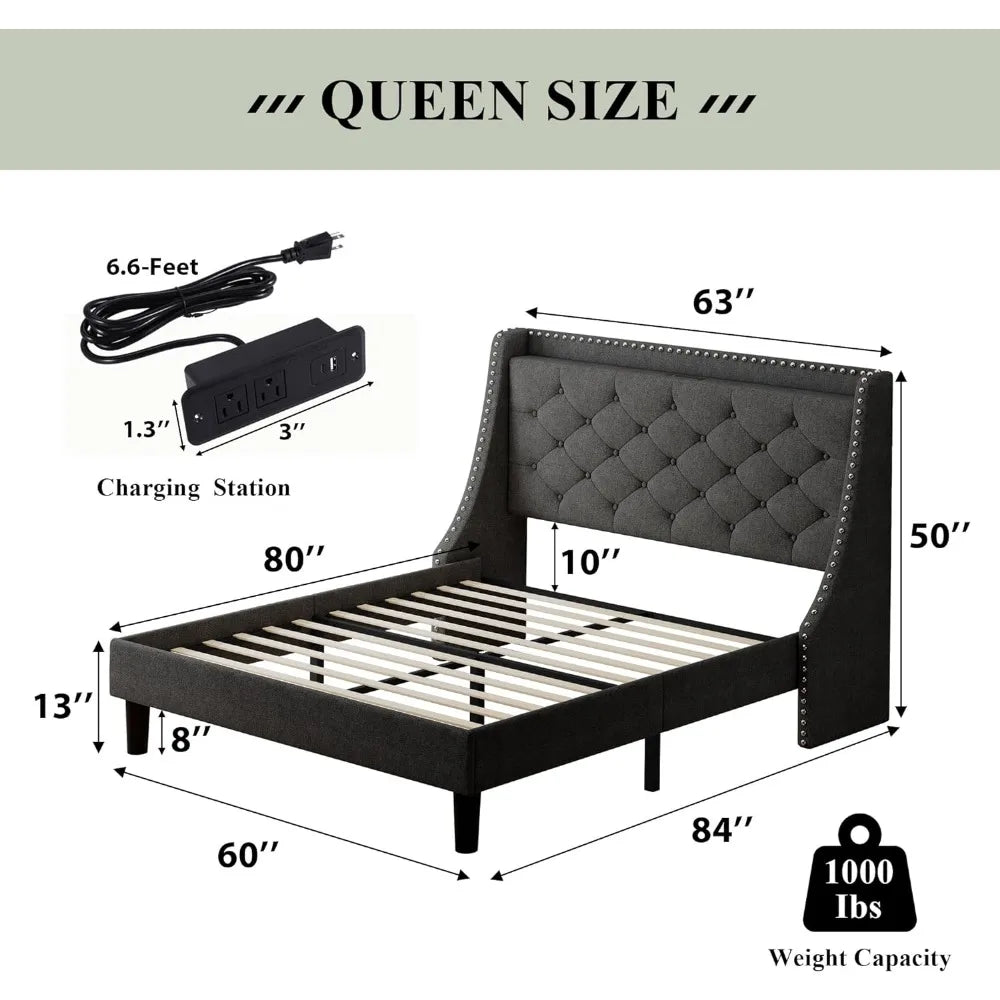 Queen Size Bed Frame with Luxury Upholstered Button Tufted Storage Headboard