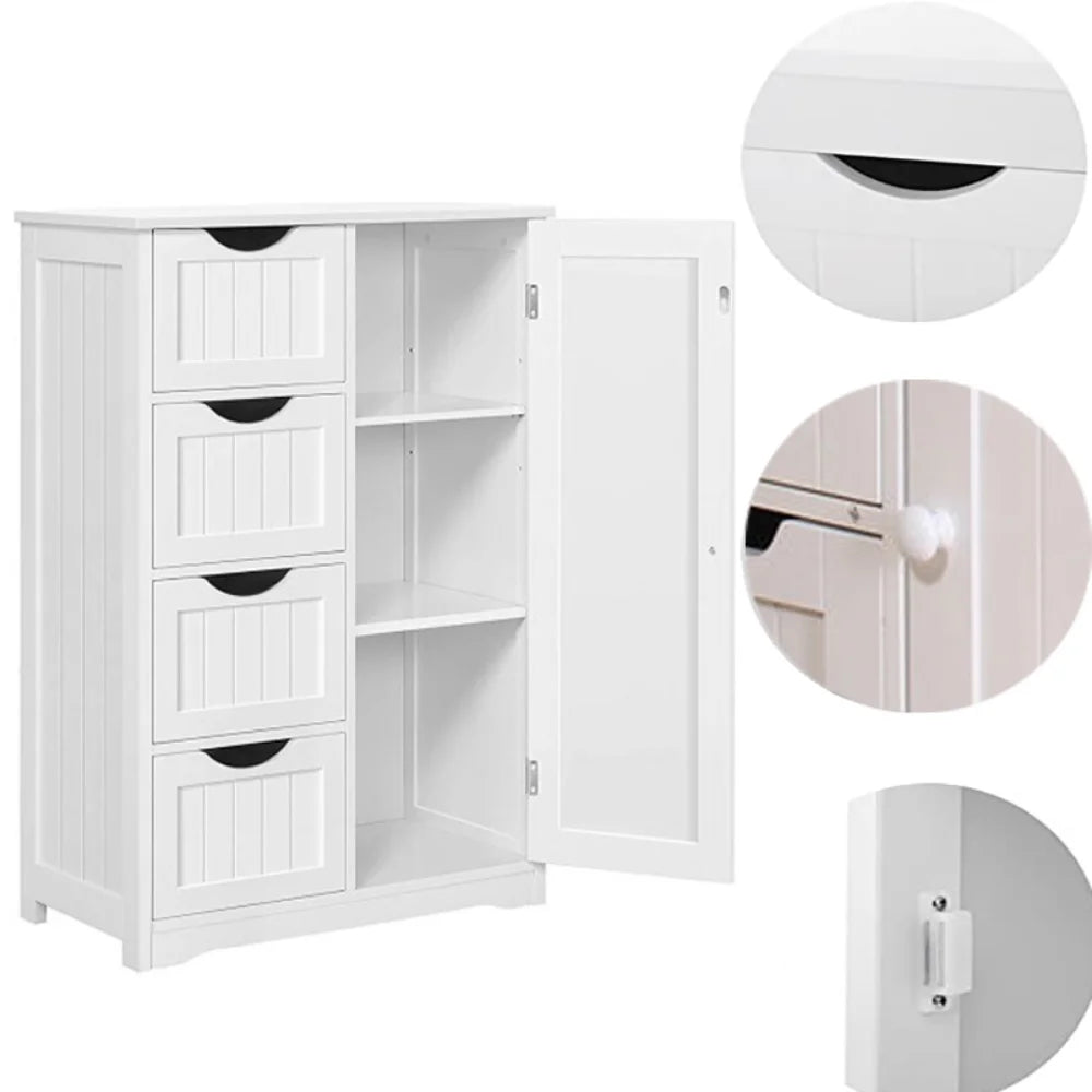 4 Drawer Storage Cabinet, Wooden Bathroom Organizer and  Cupboard 2 Shelves, White  Shelf