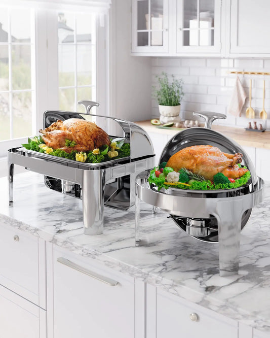 Set 6 QT Stainless Steel Chafer Round Catering Food Warmer Server with Lid Water Pan Stand