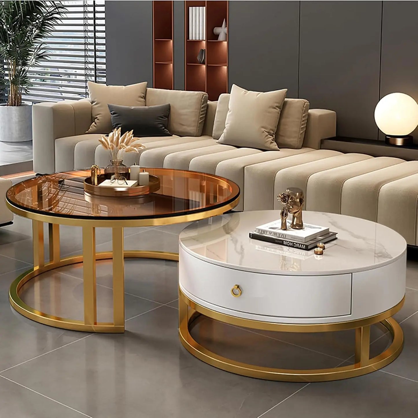 Coffee Table with drawer,round,soild wood metal frame sliding design