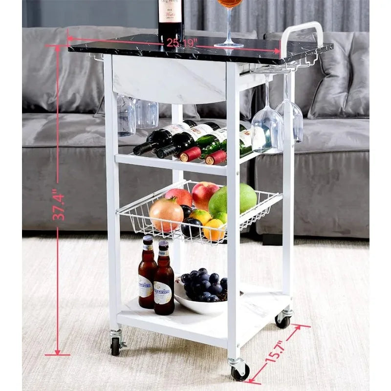 Mobile Drink Cart 4 Tier with Glass Holders Faux Marble Top