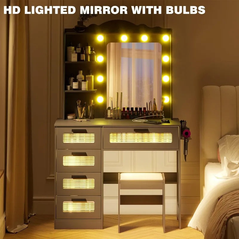 LED Makeup Vanity Table with Charging Station Drawers, Hair Dryer Rack