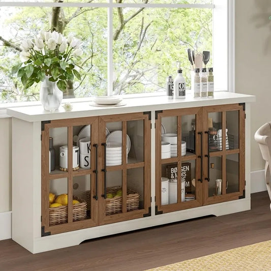 63" Buffet Sideboard Cabinet with Storage, with 4 Glass Doors & Adjustable Shelf