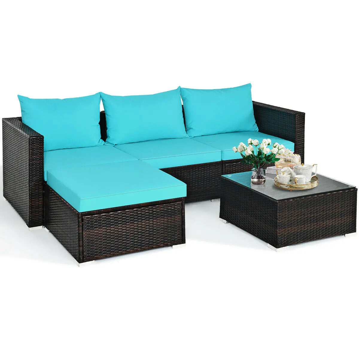 5PCS Patio Rattan Furniture Set Sectional Conversation Sofa w/ Coffee Table HW66521