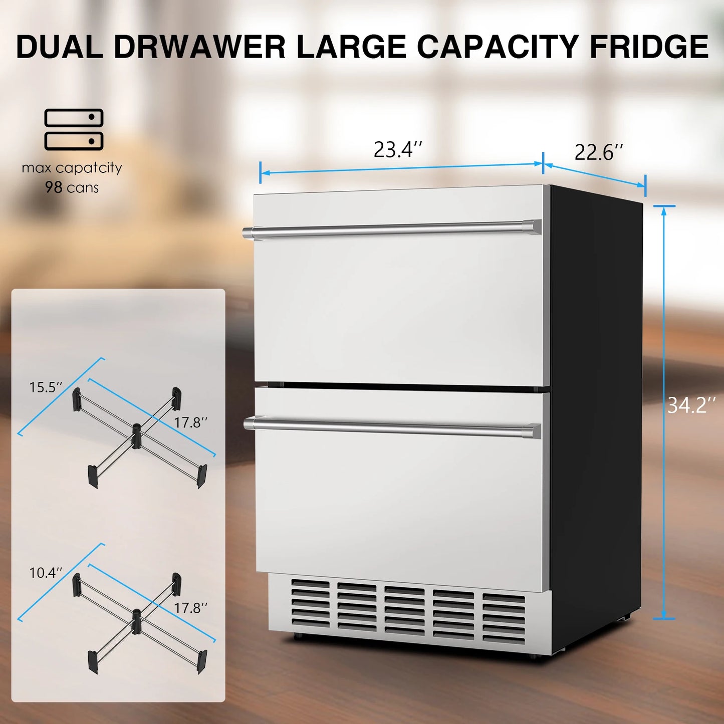 24 Inch Under Counter Double Drawer Fridge Indoor and Outdoor Beverage Refrigerator Stainless Steel