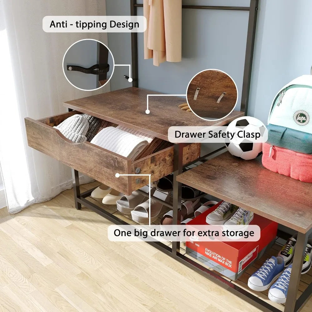 FloorCoat Rack with Entryway Bench and Shoe Storage Stand Hanger