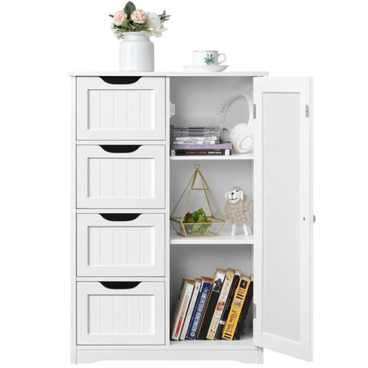 4 Drawer Storage Cabinet, Wooden Bathroom Organizer and  Cupboard 2 Shelves, White  Shelf