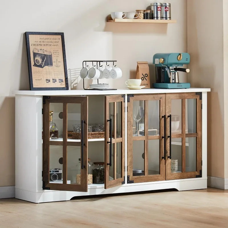 63" Buffet Sideboard Cabinet with Storage, with 4 Glass Doors & Adjustable Shelf