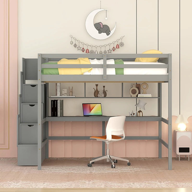 Full Size Loft Bed with Built-in Desk, Bookshelves and Storage Staircase,Grey/white